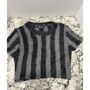 Olivaceous Small Cropped‎ Sweater Gray Black Stripe Fuzzy Soft Womens NWT